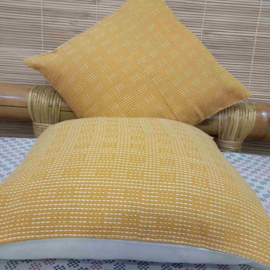 Handwoven Eri Embroidery Cushion Cover, (Yellow) (Pack of 1)
