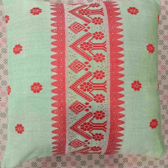 Handwoven Eri Embroidery Cushion Cover, (Light Green) (Pack of 1)
