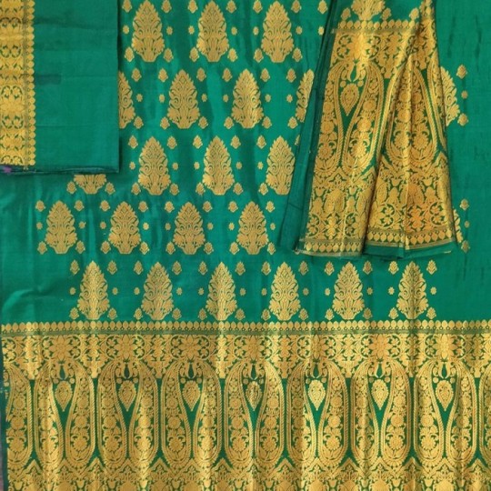 Dark green golden mulberry silk handwoven Assam Mekhela chador