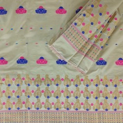 Beige multicolor tussar silk handloom Assam Mekhela chador