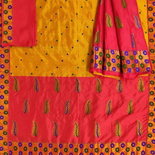 Orange red silk handloom Assam Mekhela chador