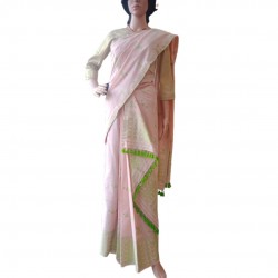 Handwoven Baby Pink Mekhela Chadar With Green Embroidery