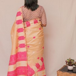 Handwoven Pink Tussar Silk Weaving Border Mekhela Chadar