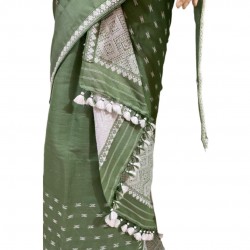 Handwoven Green Nuni Cotton by Raw Mulberry Silk Mekhela Chadar