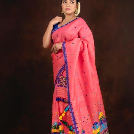 Nuni Cotton Mekhela Chadar Coral