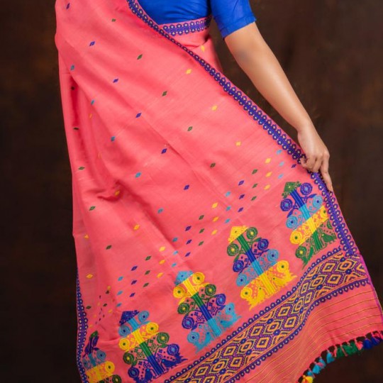 Nuni Cotton Mekhela Chadar Coral