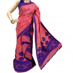 Handwoven Pink Nuni Cotton Mekhela Chadar with Blue Embroidery