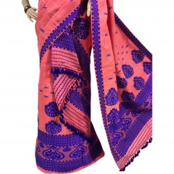 Handwoven Pink Nuni Cotton Mekhela Chadar with Blue Embroidery