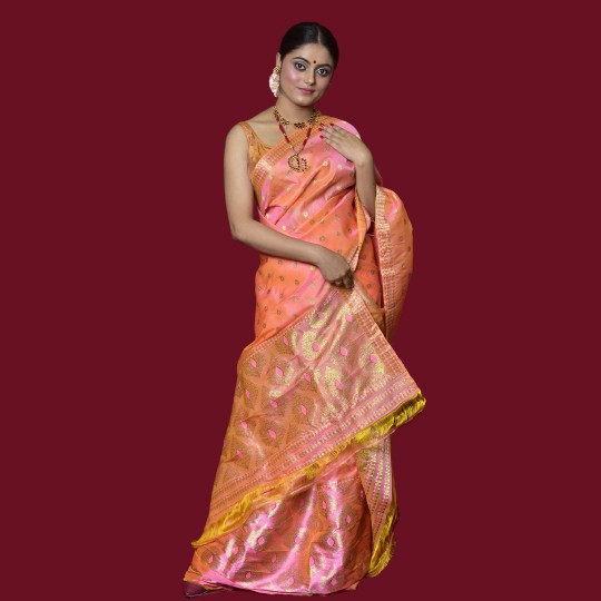 Handwoven Assam Raw Silk Pink Orange Mekhela Chadar