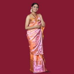 Handwoven Assam Silk Pink Orange Mekhela Chadar