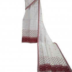 Handwoven White Kesapat(Raw Silk) and Cotton Mekhela Chadar