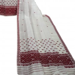 Handwoven White Kesapat(Raw Silk) and Cotton Mekhela Chadar