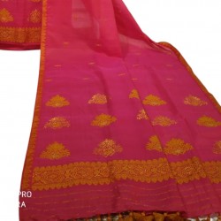 Handwoven Pink Kesapat(Raw Silk) and Cotton Mekhela Chadar