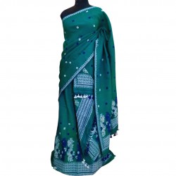Handwoven Teal Green Kesapat(Raw Silk) and Cotton Mekhela Chadar