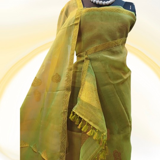 Handwoven Olive Green Dye Nuni Silk Mekhela Chadar