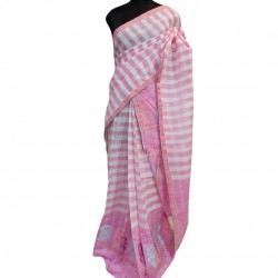 Handwoven White Pink Kesapaat (Raw Silk) and Cotton Mekhela Chadar
