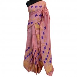 Handwoven pink (Blue & Golden) Nuni Cotton Mekhela Chadar