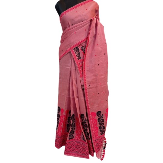 Handwoven Pink (Black) Nuni Cotton Mekhela Chadar
