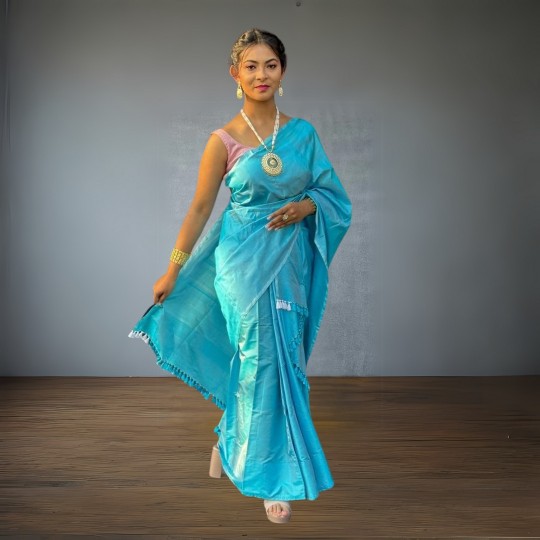 Pure Assam Silk Mekhela Chadar Set with Blouse Piece – Turquoise Elegance
