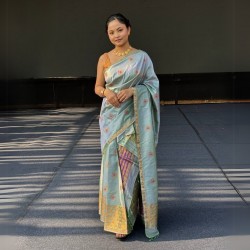 Mint Green Handloom Mulberry Silk Mekhela Chadar with Floral Butas – Elegant Assamese Weave