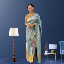 Mint Green Handloom Mulberry Silk Mekhela Chadar with Floral Butas – Elegant Assamese Weave