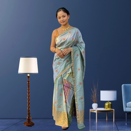 Mint Green Handloom Mulberry Silk Mekhela Chadar with Floral Butas – Elegant Assamese Weave