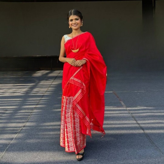Handwoven Mulberry Silk Mekhela Chadar in Crimson Red – Grace Woven in Tradition