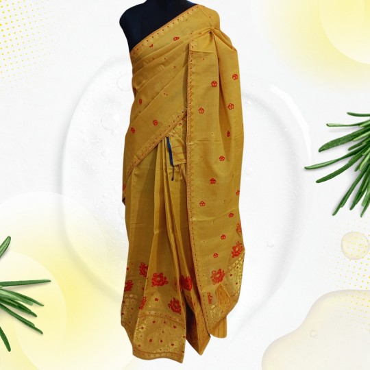 Assamese Nuni Cotton Mekhela Chadar – Handwoven Light Mustard with Red Floral Motifs
