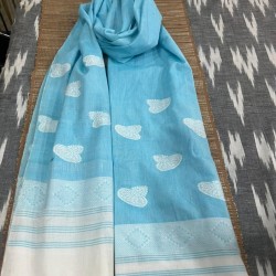 Blue Handloom Cotton Stole with White Embroidery