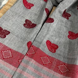 Grey Handloom Cotton Stole with Maroon Embroidery