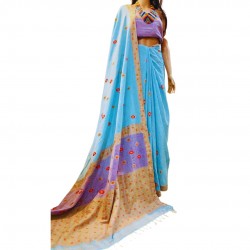 Handwoven Cotton Blue Golden Embroidery Saree