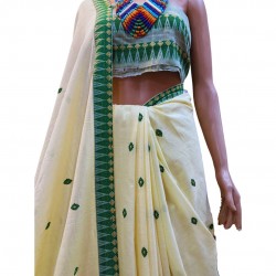Handwoven Cotton Off White Green Embroidery Saree