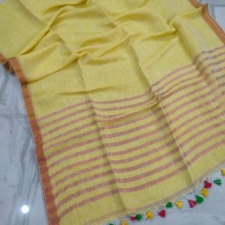 Handloom Pure Lilen/Linen Yellow Plain Saree