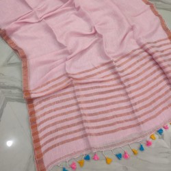 Handloom Pure Lilen/Linen Baby Pink Plain Saree