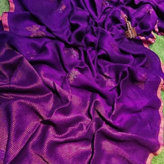Purple Handwoven Pure Linen Saree with Blouse Piece