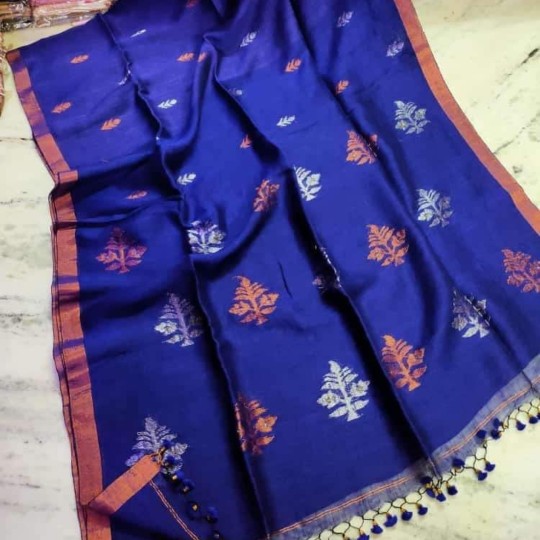 Royal Blue Handwoven Pure Linen Saree with Blouse Piece
