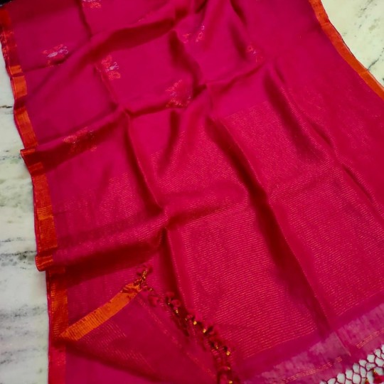 Pink Handwoven Pure Linen Saree with Blouse Piece