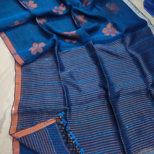 Rich Royal Blue Handwoven Pure Linen Saree