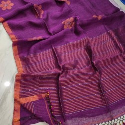 Purple Handwoven Pure Linen Saree with Blouse Piece