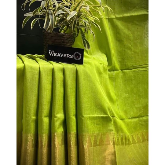 Natural Dye Lime Green Soft Silk Saree with zari borders