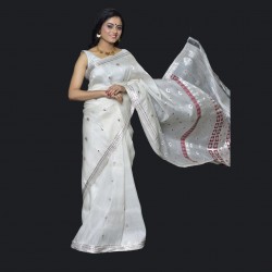 Handwoven Assam Raw Mulberry Silk White Silver zari embroidery Saree