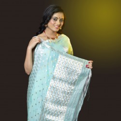 Handwoven Kesapat Raw Silk Turquoise Silver zari embroidery Saree