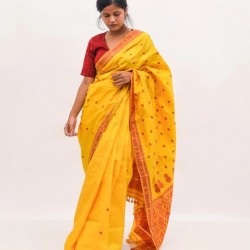 Yellow and Maroon Handwoven mulberry silk assam saree