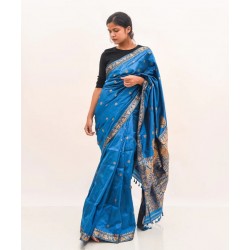 Dark Blue Handwoven mulberry silk assam saree
